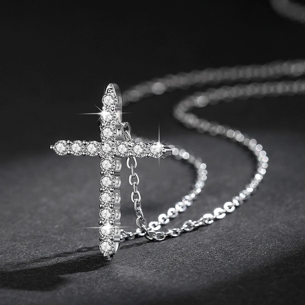 Silver Cross Flor a Necklace or a charm Pendant Round Cut Stones Dia - Picture 7 of 17